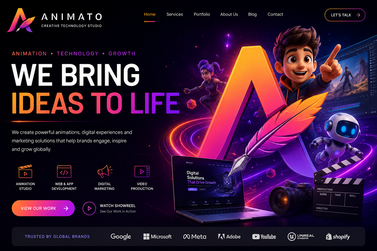 Animato creative studio artwork featuring animation characters, digital tools and the Animato A logo